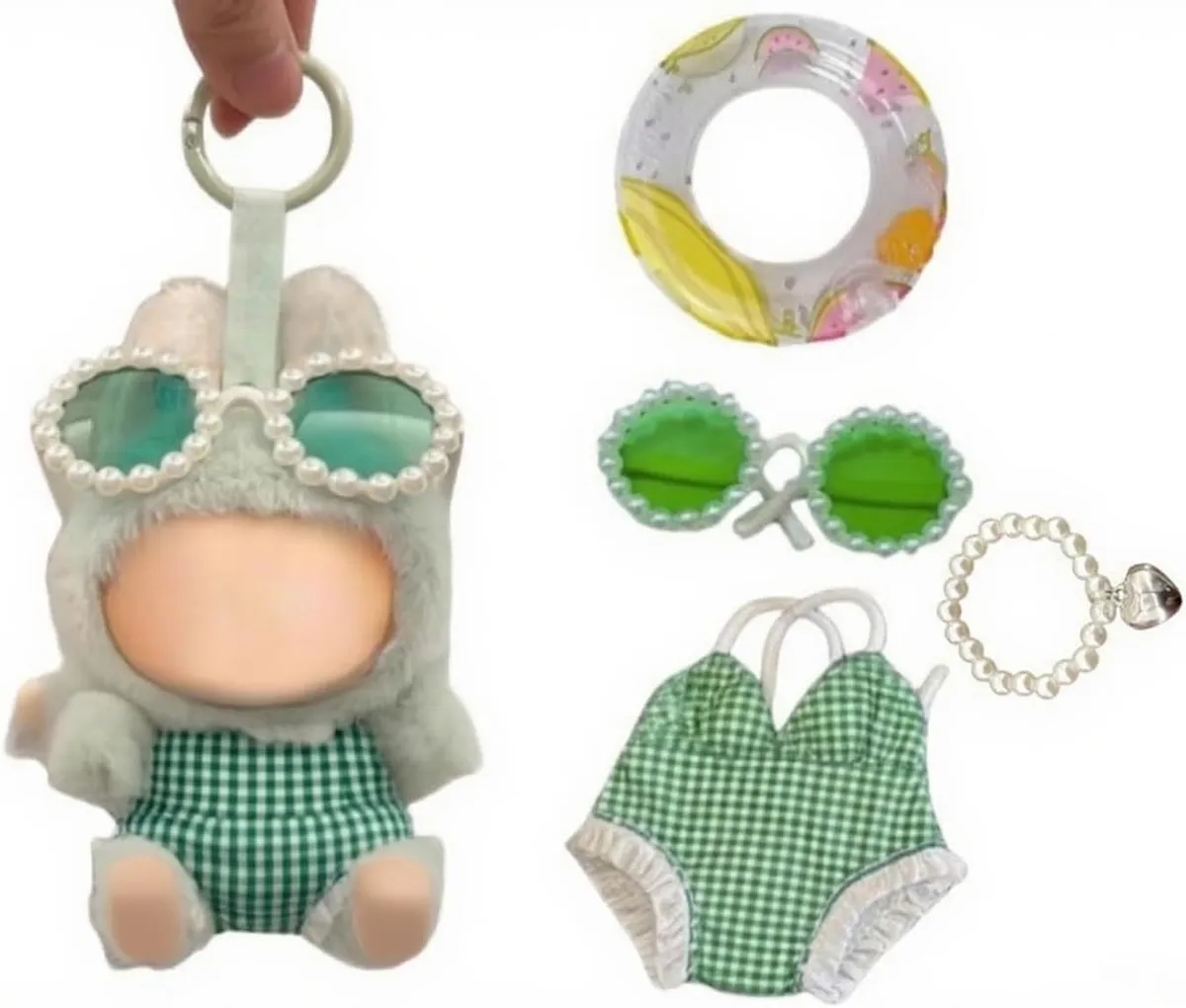 17cm/15cm Stylish Summer Beach Clothes Set Suitable for Labubu – Fashion Outfit(Doll Not Included) (Green Swimsuit+Swim Ring+Necklace+Glasses)
