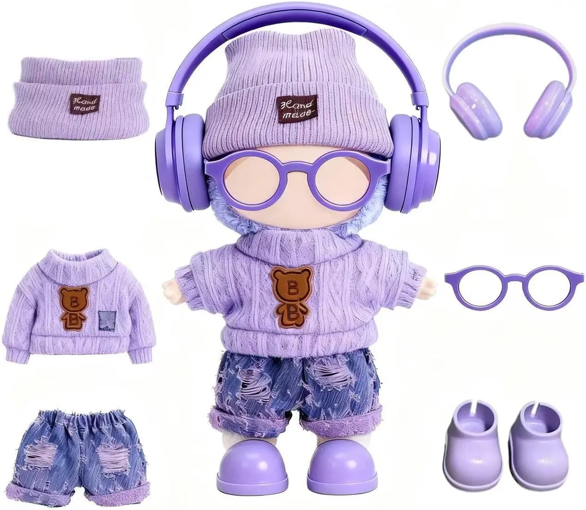 Clothes for LABUBU 17cm Doll (NO Doll) – 6-Piece Set, Hat + Sweaters + Skirt + Headphones + Glasses + Shoes, Cute and Premium Dolls Outfit Accessories (Purple Sweaters Suit)