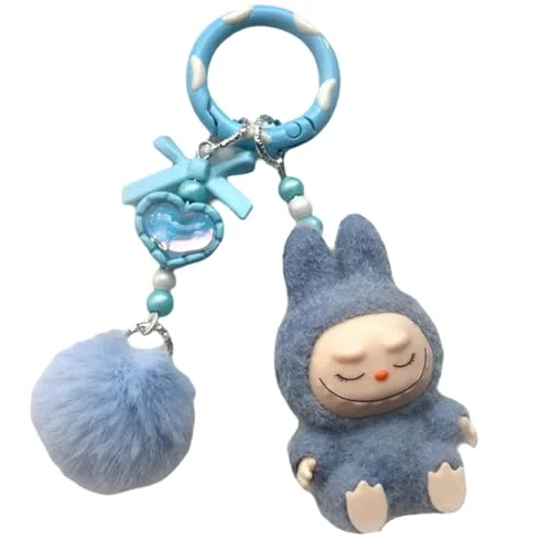 Itonfornia Mini Labubu Plush Keychain, Cute Rabbit Hanging Figure Doll Ornament Pendant Decoration for Car Home (Blue)