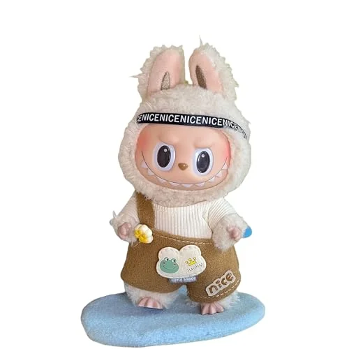Pink Bucket Hat and Overalls Clothing Set for 17cm Labubu Plush Dolls, 2-Piece Outfit with Triangle Logo (White-Pink)