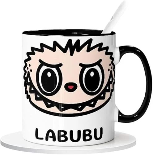 卡通Labubu陶瓷马克杯咖啡杯卡通杯时尚水杯300ML带勺子和杯垫 (02)