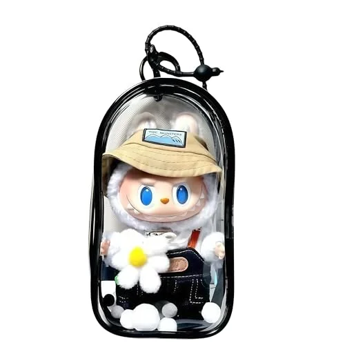 Labubu Stroller Organizer Bag - Clear Tote with Dual Zippers & Buckles, 19x10x6cm for 17cm Dolls, Durable Labubu Accessories (Parents & Collectors) (Black)