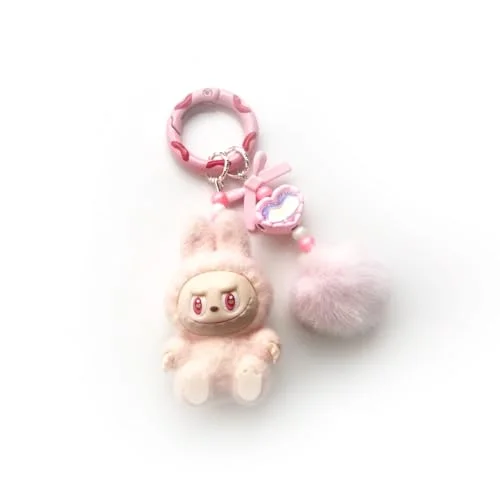 Mini Lbubu Keychain Cute Cartoon Lbubu Accessories, Kawaii Doll Pendant with Pom-Poms Bag Charm Gift for Women (pink)