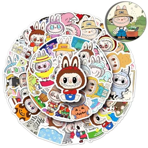 50pcs Labubu Cartoon Stickers for Water Bottle, Cool Terror Labubu Waterproof Vinyl Decal for Kids Adult Girl Laptop Skateboard Phone Guitar Travel Case Bike