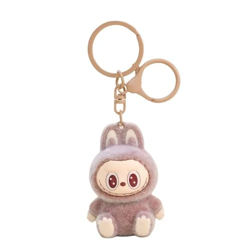 Xinbalove Labubu Keychain, Flocking Labubu Monsters Cute Kawaii Home Decoration, Car Key Purse Backpack Hanging Pendant Gifts, Cartoon Rabbit Bag Key Ring Accessories Brown