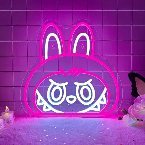 Cartoon Labubu Neon Sign, Dimmable Pink Cute Labubu Light up Sign Girls Room Wall Decor LED Signs for Party Prop Birthday Decor Collection Hanging Accessory Decor Gifts(13 * 12.6in)