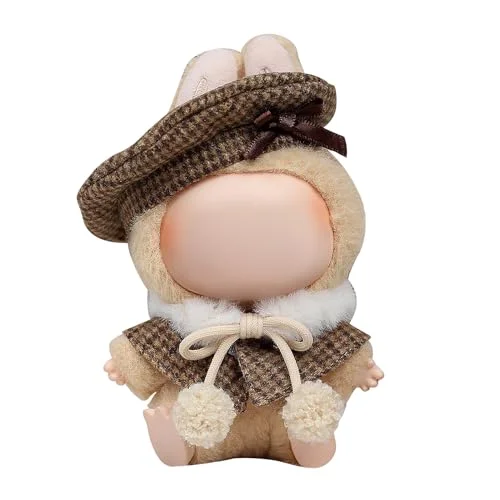 Labubu Clothes –Vintage Cocoa Cape Outfit for 17cm Labubu Doll, Retro Beret, Plush Scarf & Cape Stylish Look– Doll Not Included