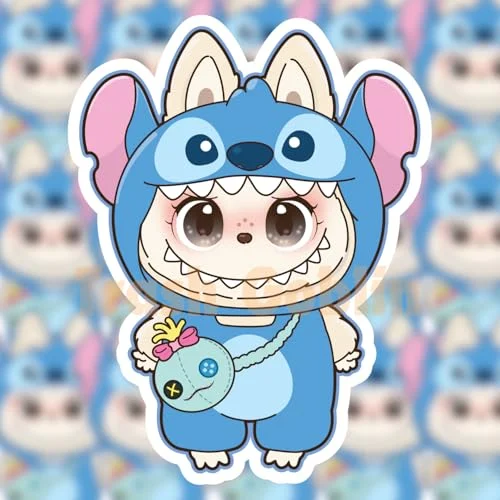 Cute Anime Stitch Character Sticker with Scrump Doll, Chibi Style, Labubu Collection