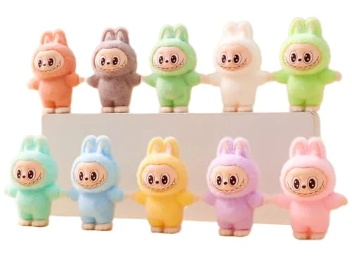 Itonfornia Mini Labubu Plush Decoration, Small Cute Cartoon Rabbit Ornament Office Desktop Accessories, Little La bubu Colorful Figure, Ideal Adorable Collection Gift (10Pcs)