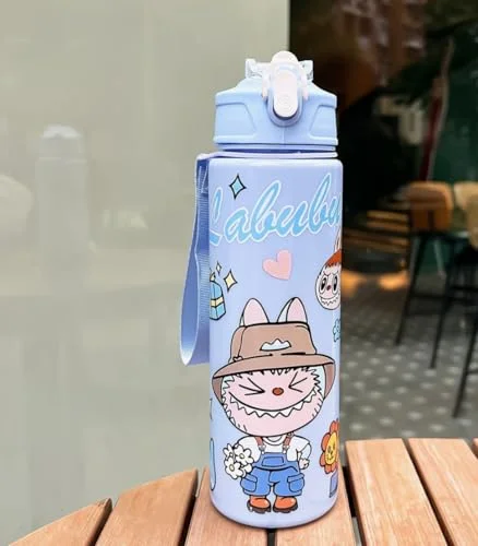LaBuBu Cartoon Water Bottle with Straw, 23 OZ, Leak-Proof, Portable, Round blue flowers