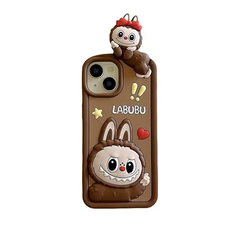 ANYRIX 适用于Phone 15的可爱卡通手机壳 LABUBU 搞笑手机壳 TPU硅胶 防刮防震 (14pro,棕色)