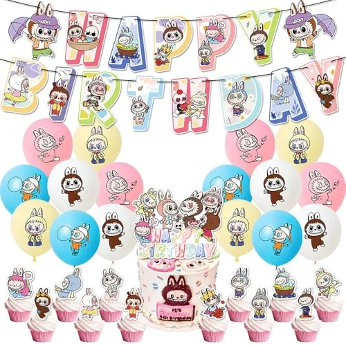 라부부 생일 파티 장식 마카롱 파티 생일 배너 풀 플래그 컵케이크 라텍스 풍선 파티 초대 장식 용품