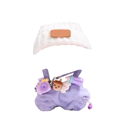 Labubu Clothes, Cute Anime Plush Outfit with Striped Button Sweater, Folded Bear Hat & Camera, Adorable Cosplay Costume for Collectors, Kawaii Labubu Plushie Accessories (C)