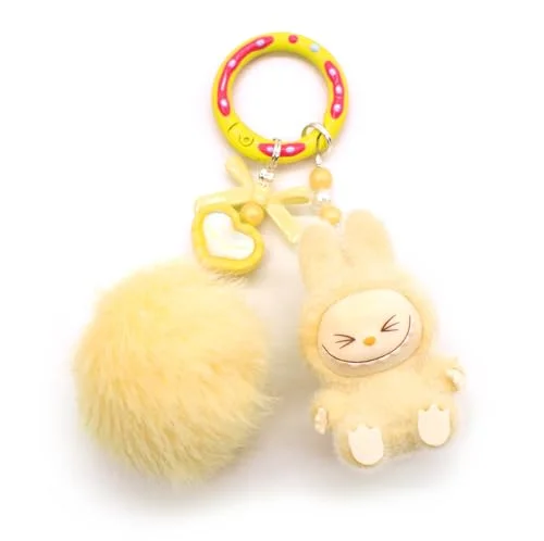 BTKH286 Mini Labubu Keychain Cartoon Creative Labubu Modern Home Decoration Collection Plush Doll Pendant Hanging Decoration (Yellow)