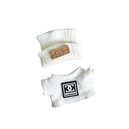 Labubu Clothes for Doll - Casual Knit Outfit with Top & Hat for 17cm/6.69in Labubu Dolls (No Doll) (White)