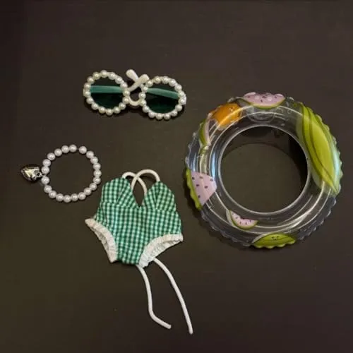 17cm/15cm Stylish Summer Beach Clothes Set Suitable for Labubu – Fashion Outfit(Doll Not Included) (Green Swimsuit+Swim Ring+Necklace+Glasses) - Image 3
