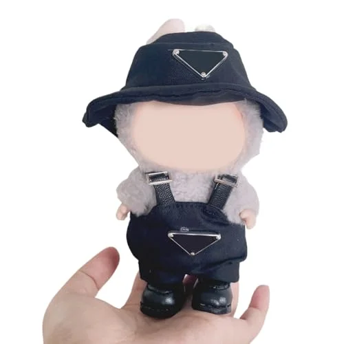 Labubu Clothes for 17cm Doll, Hat & Overalls Set - Black/Pink/Khaki Fashion Outfit for Labubu Dolls (No Doll) (black)