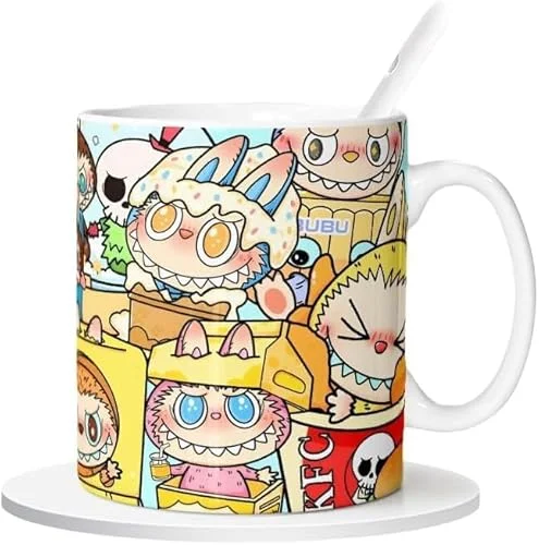 卡通 Labubu 陶瓷馬克杯 咖啡杯 卡通杯 時尚水杯 300ML 附勺子和杯墊 (01)