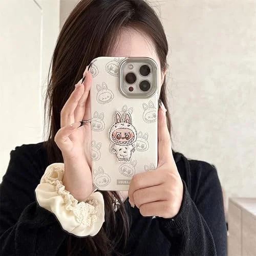 Funda para Teléfono LABUBU - Mini Diseño 3D de Felpa con Correa para Colgar, Funda Protectora para Todos los Modelos, Ideal para Uso Diario y Regalos (Blanco, iPhone13)