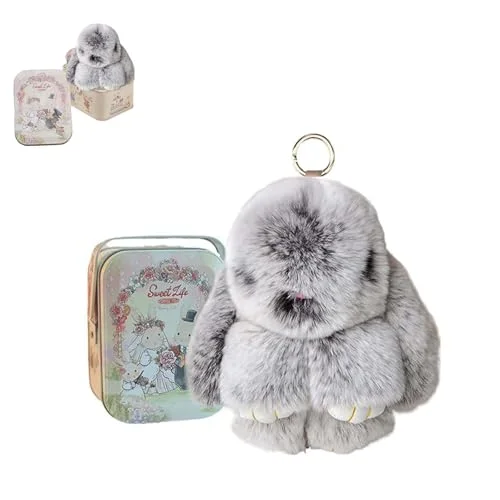 BOVVSKY Bunnylulu Keychain with Box, Bunnylulu Keychain with Tin, Bunny Cute Plush Key chain (Frost Grey)