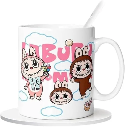 卡通 Labubu 陶瓷马克杯 咖啡杯 卡通杯 时尚水杯 300ML 带勺和杯垫 (03)
