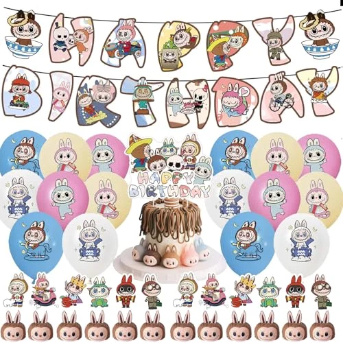 Labubu Birthday Party Decorations, 30pcs Kawaii Party Supplies For Labubu Includes Banner,Cake Toppers,12 Cupcake Toppers ,16 Balloons, Perfect For Boys And Girls