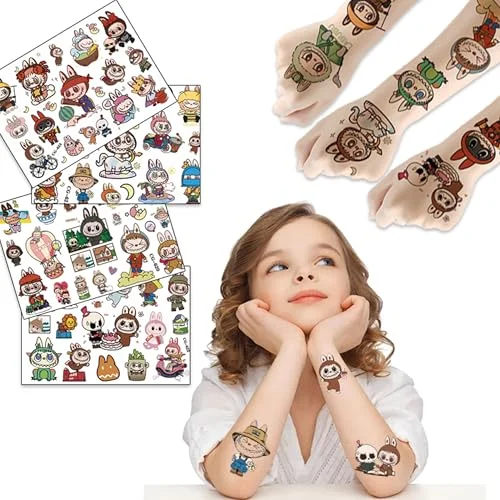 Howoodor Temporary Tattoos Stickers for Labubu Includes 4 PCS Big Fake Tattoos Cartoon Birthday Party Favors Gifts for Girl Boys Home Activity Class Prizes Carnival Christmas Halloween Rewards