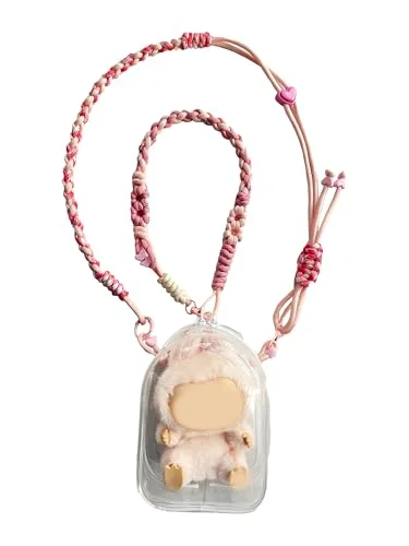 Protective Display Case For Labubu With Pink Handle Shoulder Adjustable Strap Have A Seat Case With Multifunction Charm Keychain Doll Accessories(NO DOLL)