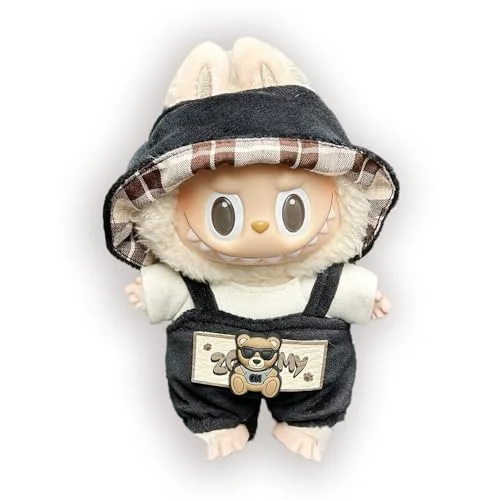 Labubu Clothes for Doll, Cute Black Outfit Set for Doll, 17cm Doll Sweater Accessories for Collectible Dolls, Black Fisherman Hat + Bear-Embellished Overalls + Cozy Top (Set of 3)