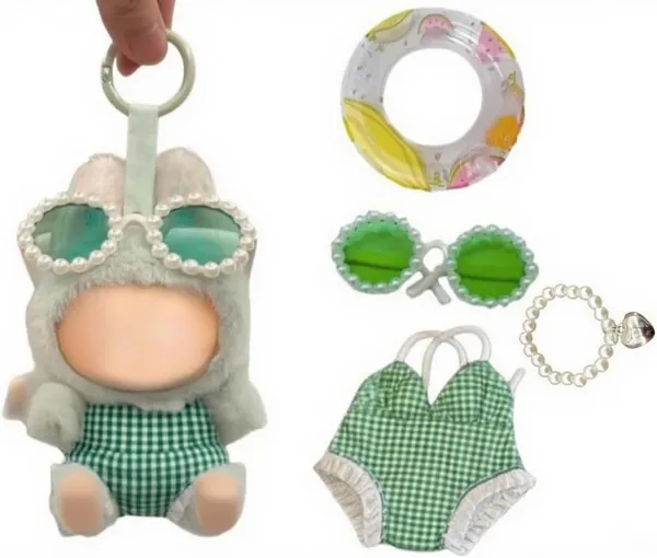 17cm/15cm Stylish Summer Beach Clothes Set Suitable for Labubu – Fashion Outfit(Doll Not Included) (Green Swimsuit+Swim Ring+Necklace+Glasses)
