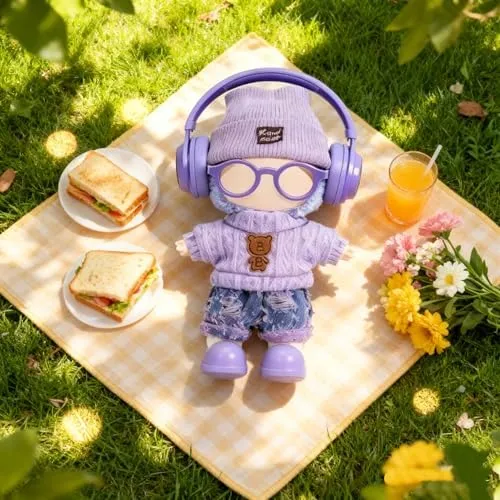 Clothes for LABUBU 17cm Doll (NO Doll) – 6-Piece Set, Hat + Sweaters + Skirt + Headphones + Glasses + Shoes, Cute and Premium Dolls Outfit Accessories (Purple Sweaters Suit) - Image 3