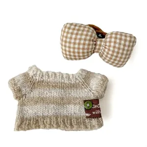 Labubu Clothes & Outfit Set for 17cm Dolls, Handmade labubu Designer Clothes, Fashion doll Sweaters with bow Accessories (Khaki streaks)