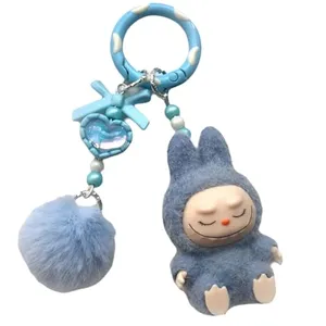 Itonfornia Mini Labubu Plush Keychain, Cute Rabbit Hanging Figure Doll Ornament Pendant Decoration for Car Home (Blue)