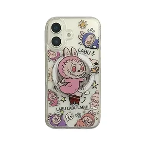 LABUBU Cute Cartoon Phone 15 Case Trendy TPU Silica Gel Scratch Resistant Shockproof Protective Mobile Phone case + airbag Stand (A, for iPhone 13Pro max)
