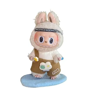 Pink Bucket Hat and Overalls Clothing Set for 17cm Labubu Plush Dolls, 2-Piece Outfit with Triangle Logo (White-Pink)