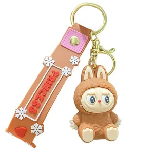 Miokkley Labubu Keychain, Cute Labubu Doll Wristlet Accessories Kawaii Monster Key Chain Bag Charm Gift for Women (Brown)