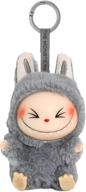 FOTN Labubu Keychain Backpacks Key Pendants, Plush Doll Pendant Hanging Decoration Keyring Card Gift, Stress-Relieving Accessory (Grey)