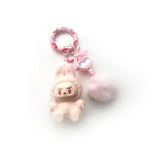 Mini Lbubu Keychain Cute Cartoon Lbubu Accessories, Kawaii Doll Pendant with Pom-Poms Bag Charm Gift for Women (pink)