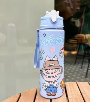 LaBuBu Cartoon Water Bottle with Straw, 23 OZ, Leak-Proof, Portable, Round blue flowers