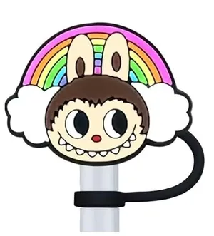 Cartoon Labubu Straw Cover Cap 10MM Drink Straw Plug Reusable Splash Proof Drinking Cup Accessories Home Party Gift Cute Adorable 1 piece RAINBOW HAPPY MONSTER