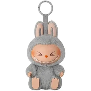 Hrauopy Labubu Keychain Backpacks Key Pendants Plush Doll Pendant Hanging Decoration Keyring Gift Stress-Relieving Accessory (1-grey)