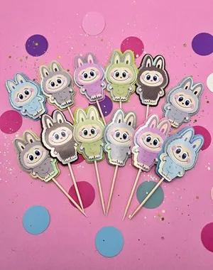 FADA DESIGNS - Set of 12 cupcake toppers, Monsters doll Cartoon party supply, Girl La bu bu, girl cupcake toppers, Labubu-Inspired Cupcake Toppers.