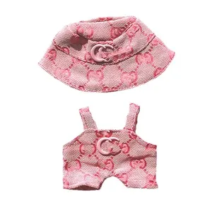 Labubu Clothes for 17cm Doll, Brown & Pink Hat & Overalls Set - Thick Casual Fashion Outfit for Labubu Dolls (No Doll) (Pink)