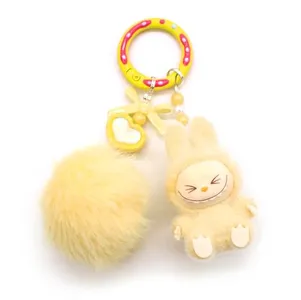 BTKH286 Mini Labubu Keychain Cartoon Creative Labubu Modern Home Decoration Collection Plush Doll Pendant Hanging Decoration (Yellow)