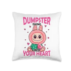 Dumpster Diving Into Your Heart Funny Labubu Valentine's Day Throw Pillow