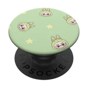 Funny Labubu Lover Cute Labubu Face Green & Flowers PopSockets Adhesive PopGrip