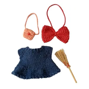 Labubu cosplay Doll Clothes - Handcrafted Crochet 4-Piece Set for Labubu 17cm Doll, Premium Labubu Outfit with bow, broom & Messenger bag(NO Doll) (kiki)