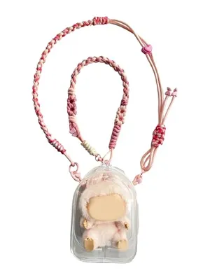 Protective Display Case For Labubu With Pink Handle Shoulder Adjustable Strap Have A Seat Case With Multifunction Charm Keychain Doll Accessories(NO DOLL)