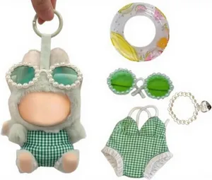 17cm/15cm Stylish Summer Beach Clothes Set Suitable for Labubu – Fashion Outfit(Doll Not Included) (Green Swimsuit+Swim Ring+Necklace+Glasses)